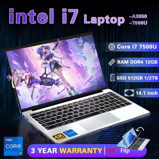 NEW 14.1Inch Portable Laptop Windows 11 Iniel Core I7 7500U Gaming Laptops Computer DDR4 12GB SSD 1TB 2TB HD PC Notebook Gamer