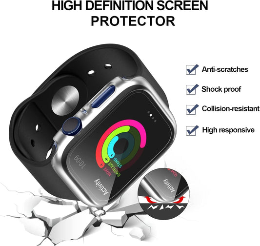 4 Pack Hard PC Case Compatible with Apple Watch Series 3/2/1 38Mm, Case with Tempered Glass Screen Protector Overall Bubble-Free Cover for Iwatch Accessories, Black+Blue+Silver+Clear