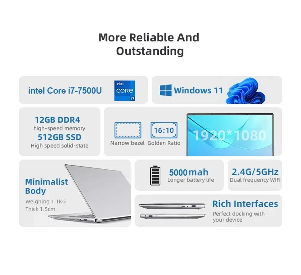 NEW 14.1Inch Portable Laptop Windows 11 Iniel Core I7 7500U Gaming Laptops Computer DDR4 12GB SSD 1TB 2TB HD PC Notebook Gamer