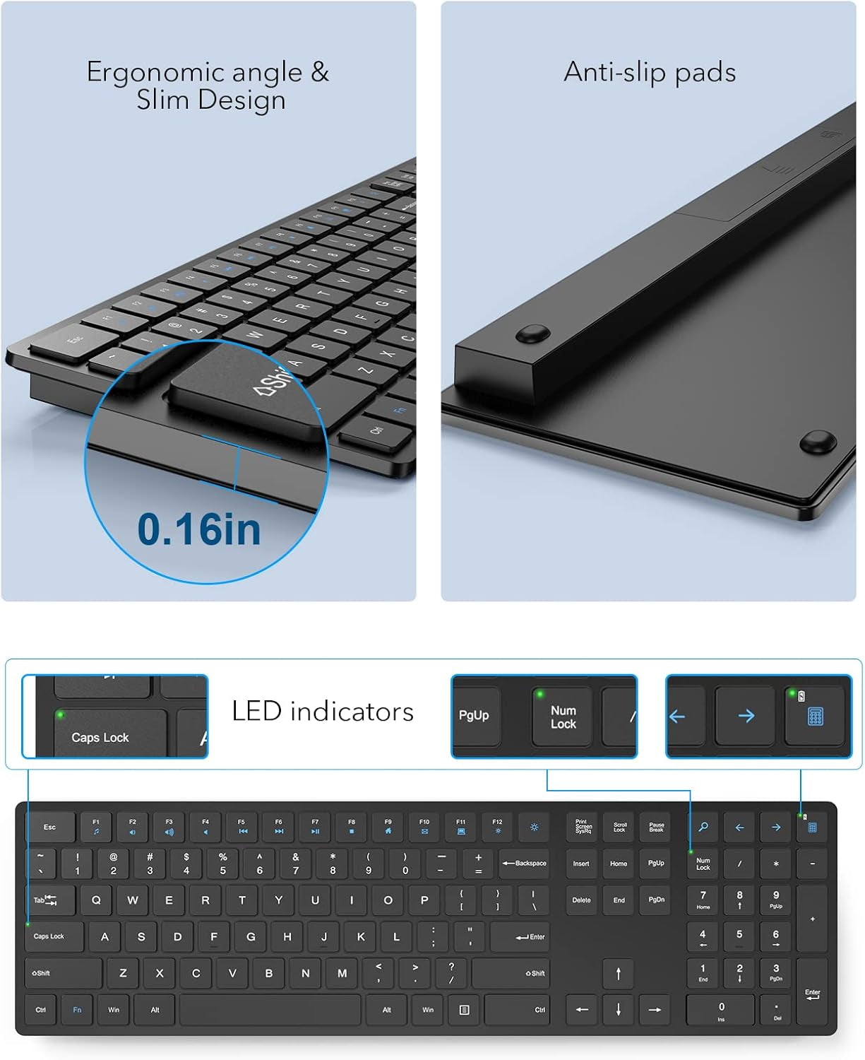Wireless Keyboard, Full Size with Silent Keys, Number Pad, Super Slim and Battery Powered, 2.4Ghz USB Computer Keyboard for Laptop, PC, Mac, Windows, Chromebook, Black