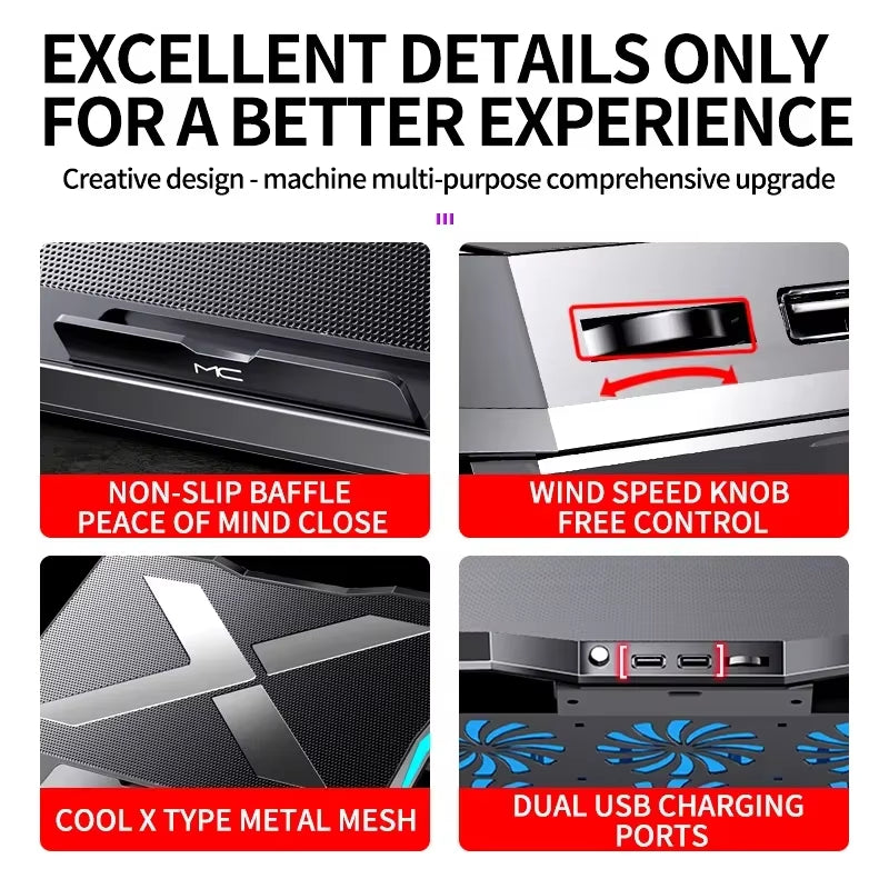 Q3 Gaming Laptop Cooler with Six Fans Adjustable Height Silent Cooling Pad Laptops Computer Stand for Laptops below 15.6-Inch