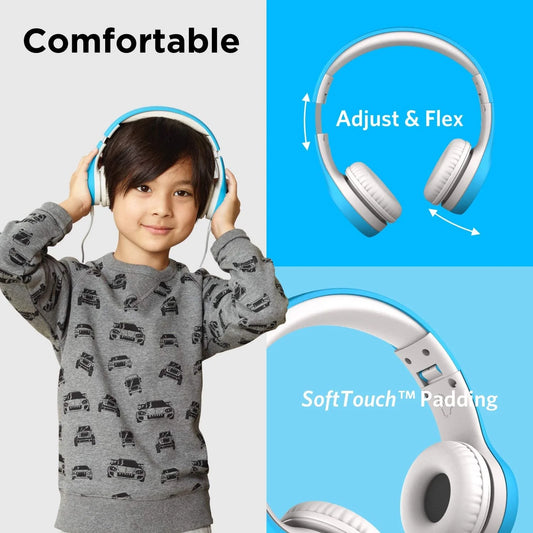 Connect+ Kids Headphones Wired with Microphone, Volume Limiting for Safe Listening, Adjustable Headband, Cushioned Earpads for Comfort, Toddler Headphones, Blue