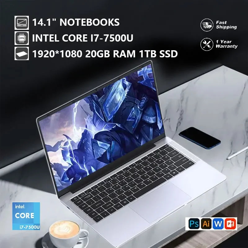 NEW 14.1Inch Portable Laptop Windows 11 Iniel Core I7 7500U Gaming Laptops Computer DDR4 12GB SSD 1TB 2TB HD PC Notebook Gamer
