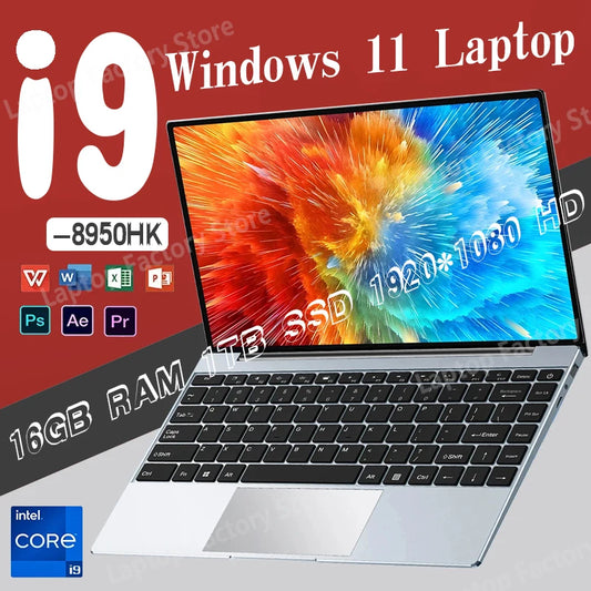 2025 New I9 Windows 11 Laptop Intel CORE I9-8950Hk Notebook 14.1 Inch 16GB RAM 1TB 2TB SSD 1920*1080HD Gaming Laptops Pc Gamer