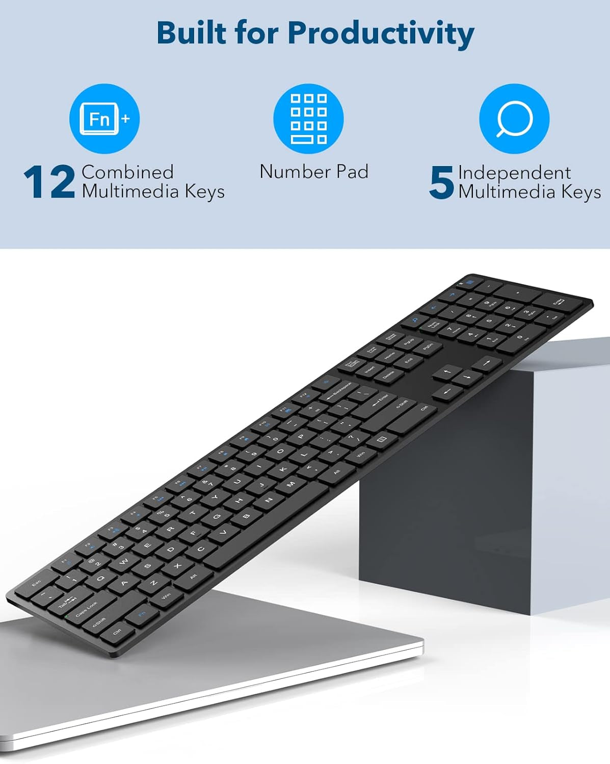 Wireless Keyboard, Full Size with Silent Keys, Number Pad, Super Slim and Battery Powered, 2.4Ghz USB Computer Keyboard for Laptop, PC, Mac, Windows, Chromebook, Black