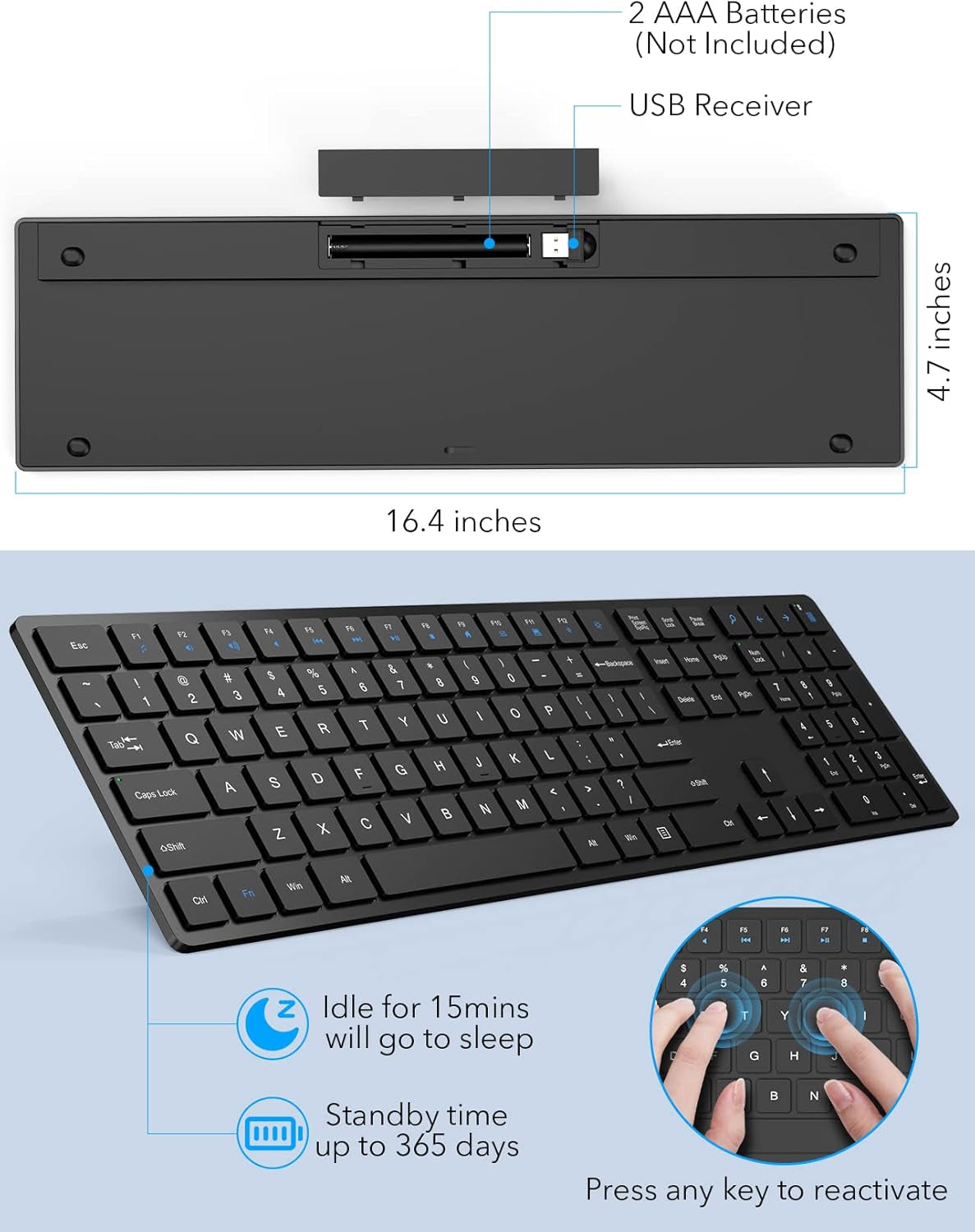 Wireless Keyboard, Full Size with Silent Keys, Number Pad, Super Slim and Battery Powered, 2.4Ghz USB Computer Keyboard for Laptop, PC, Mac, Windows, Chromebook, Black