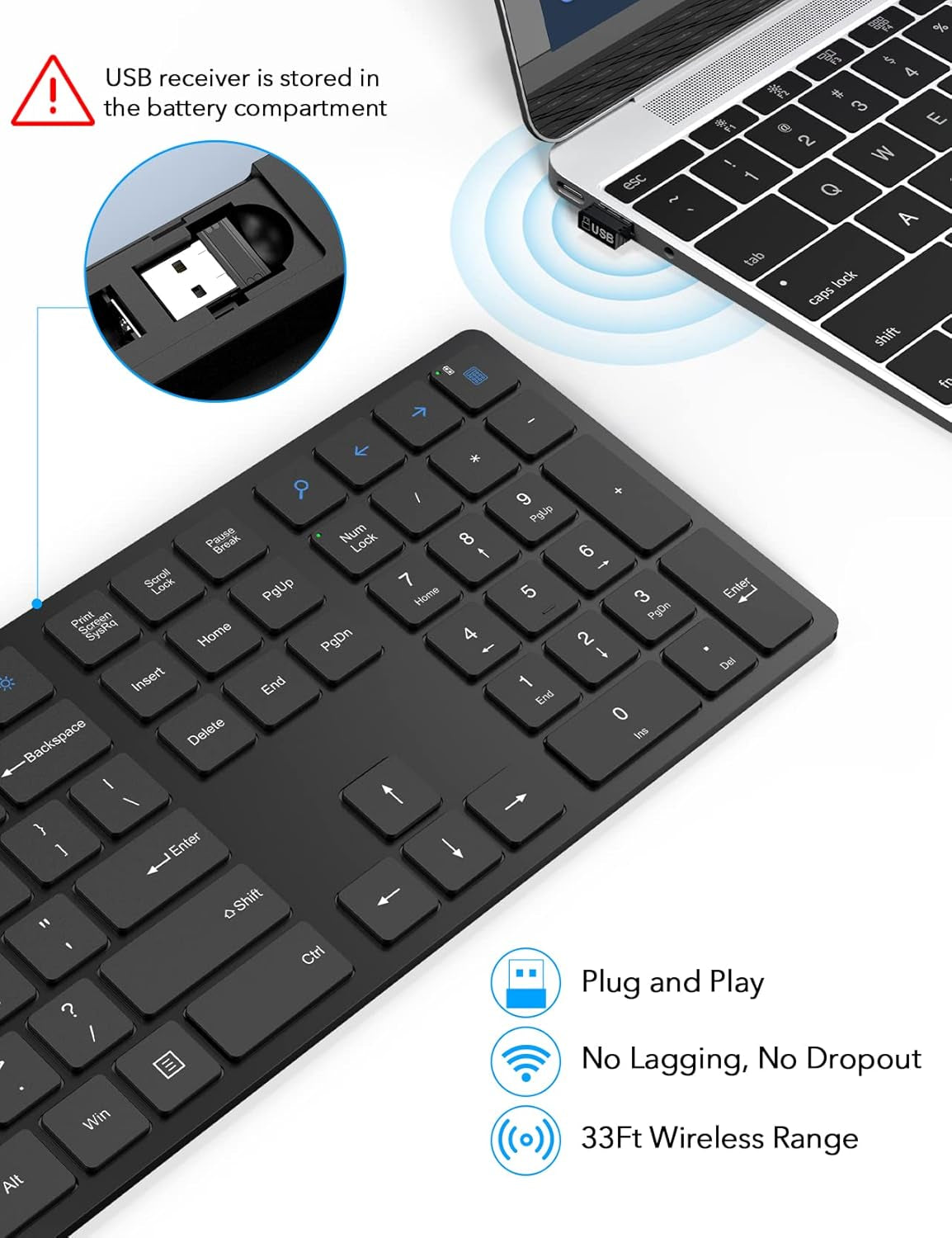Wireless Keyboard, Full Size with Silent Keys, Number Pad, Super Slim and Battery Powered, 2.4Ghz USB Computer Keyboard for Laptop, PC, Mac, Windows, Chromebook, Black