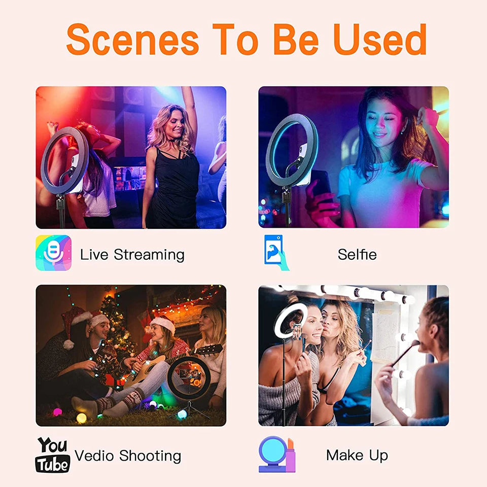Selfie Soft Ring Light RGB with Tripod Stand Fill LED Ringlight Phone Photography Rim Light Live Video Shoot Makeup Circle Lamp