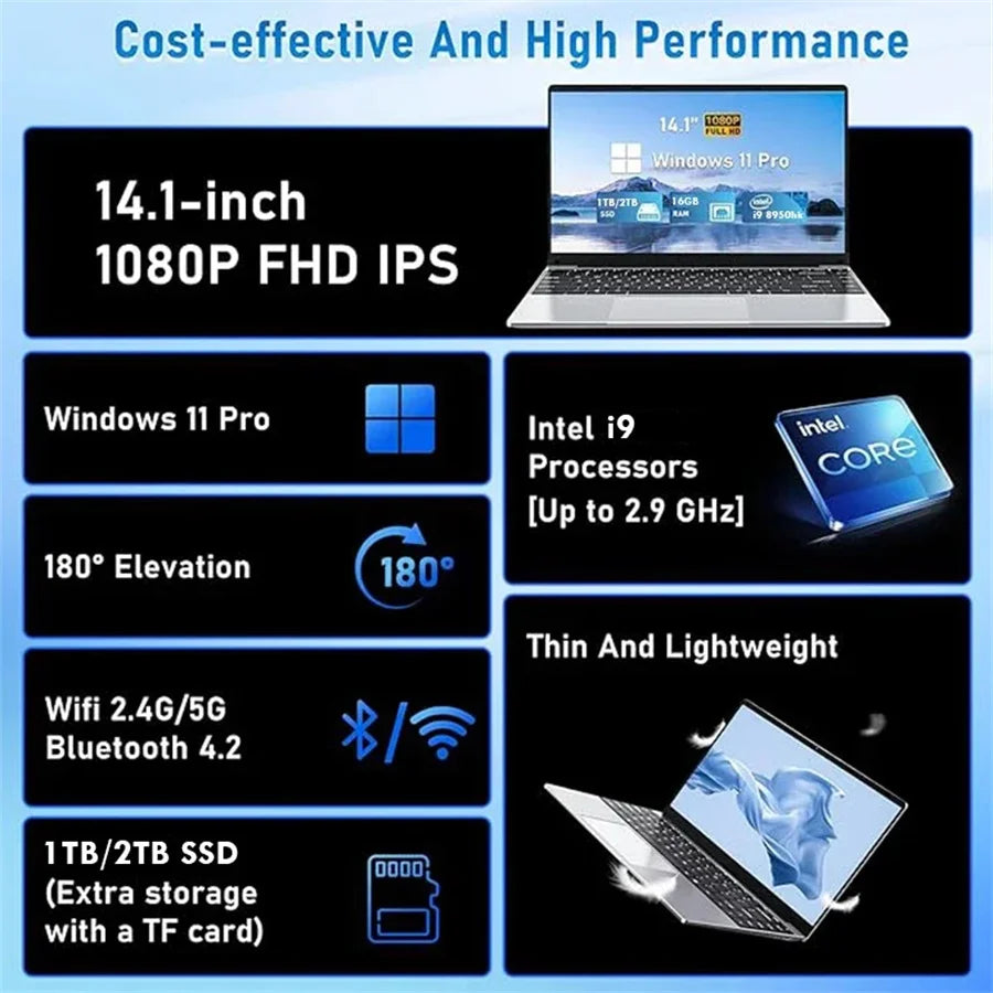2025 New I9 Windows 11 Laptop Intel CORE I9-8950Hk Notebook 14.1 Inch 16GB RAM 1TB 2TB SSD 1920*1080HD Gaming Laptops Pc Gamer