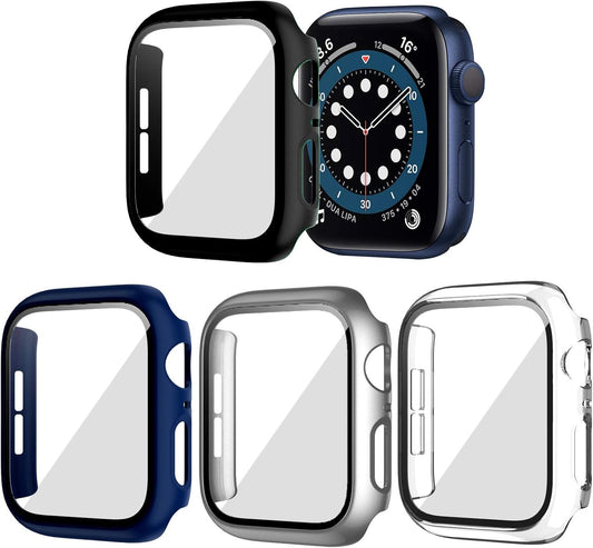 4 Pack Hard PC Case Compatible with Apple Watch Series 3/2/1 38Mm, Case with Tempered Glass Screen Protector Overall Bubble-Free Cover for Iwatch Accessories, Black+Blue+Silver+Clear