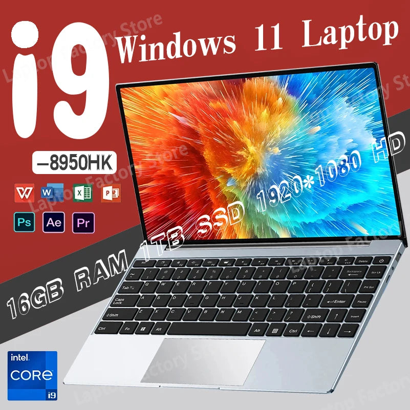 2025 New I9 Windows 11 Laptop Intel CORE I9-8950Hk Notebook 14.1 Inch 16GB RAM 1TB 2TB SSD 1920*1080HD Gaming Laptops Pc Gamer